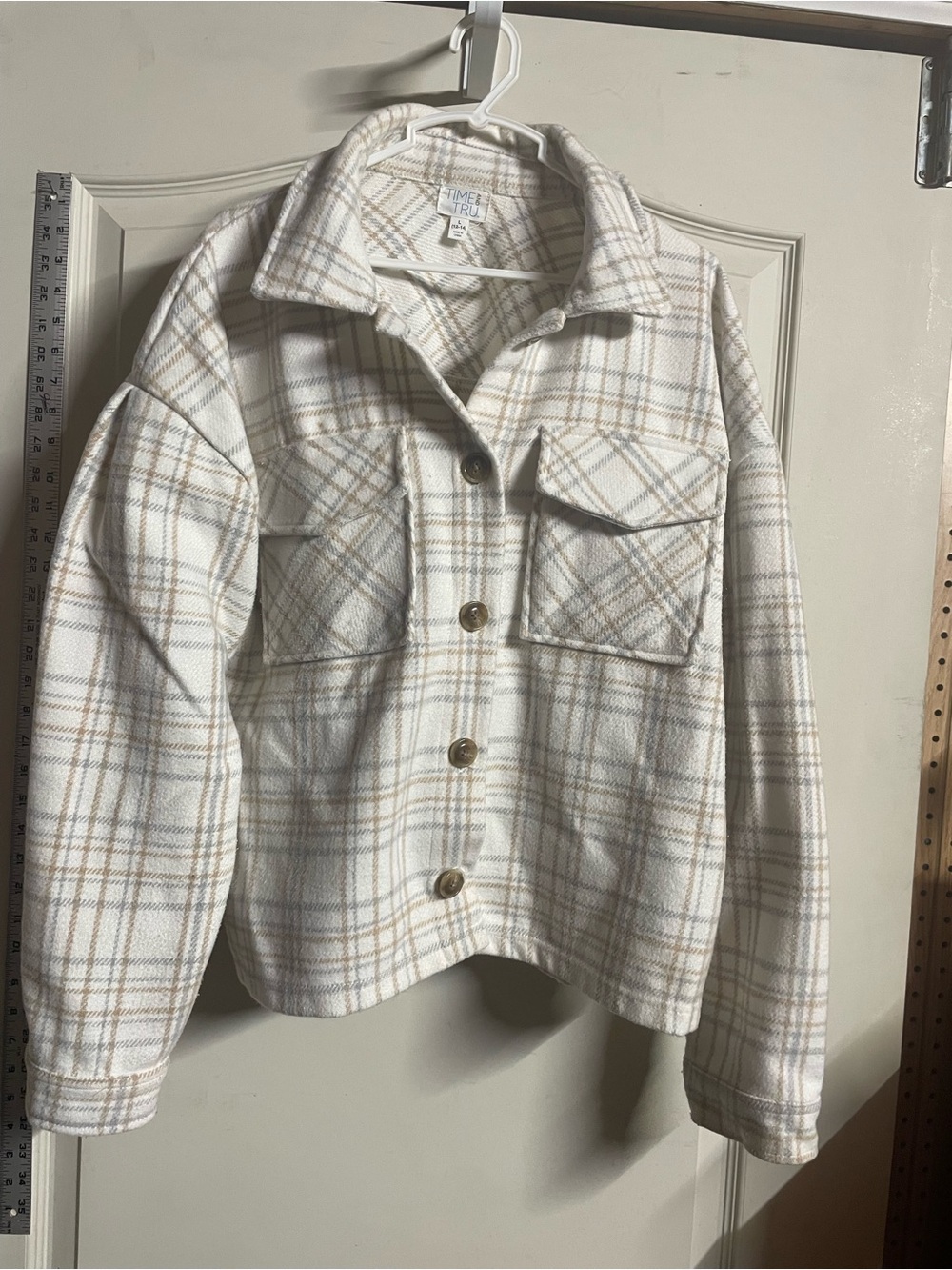 Time and Tru Cream and Tan Plaid Utility Shacket Large